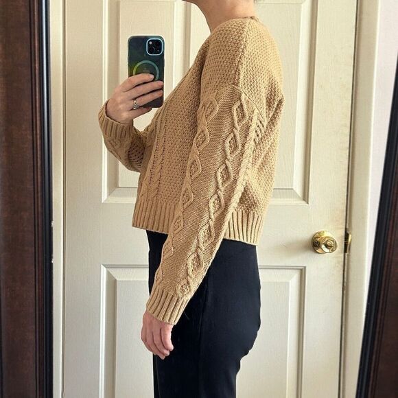Sanctuary Cable Knit Sweater Camel Brown Tan crewneck Size Medium - Picture 5 of 10
